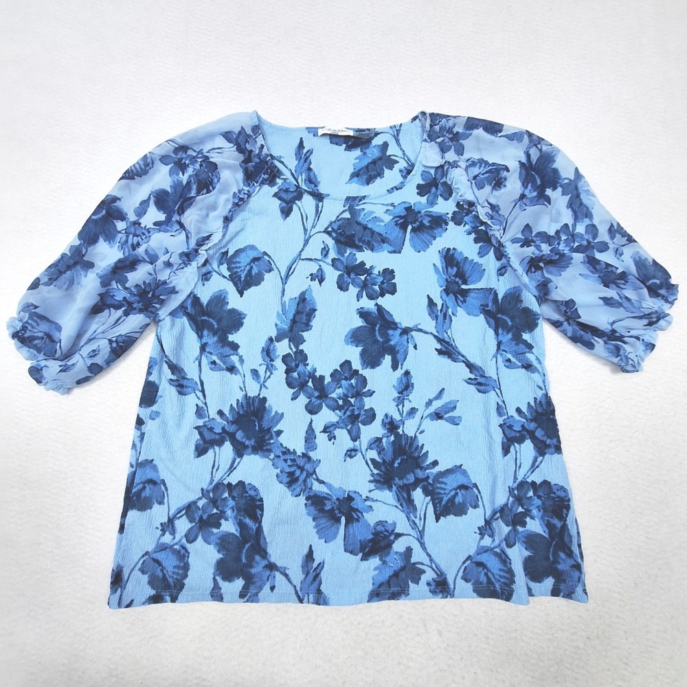 Calvin Klein Blouse Womens Large Blue Floral Crinkle Fabric Sheer‎ Puff Sleeve